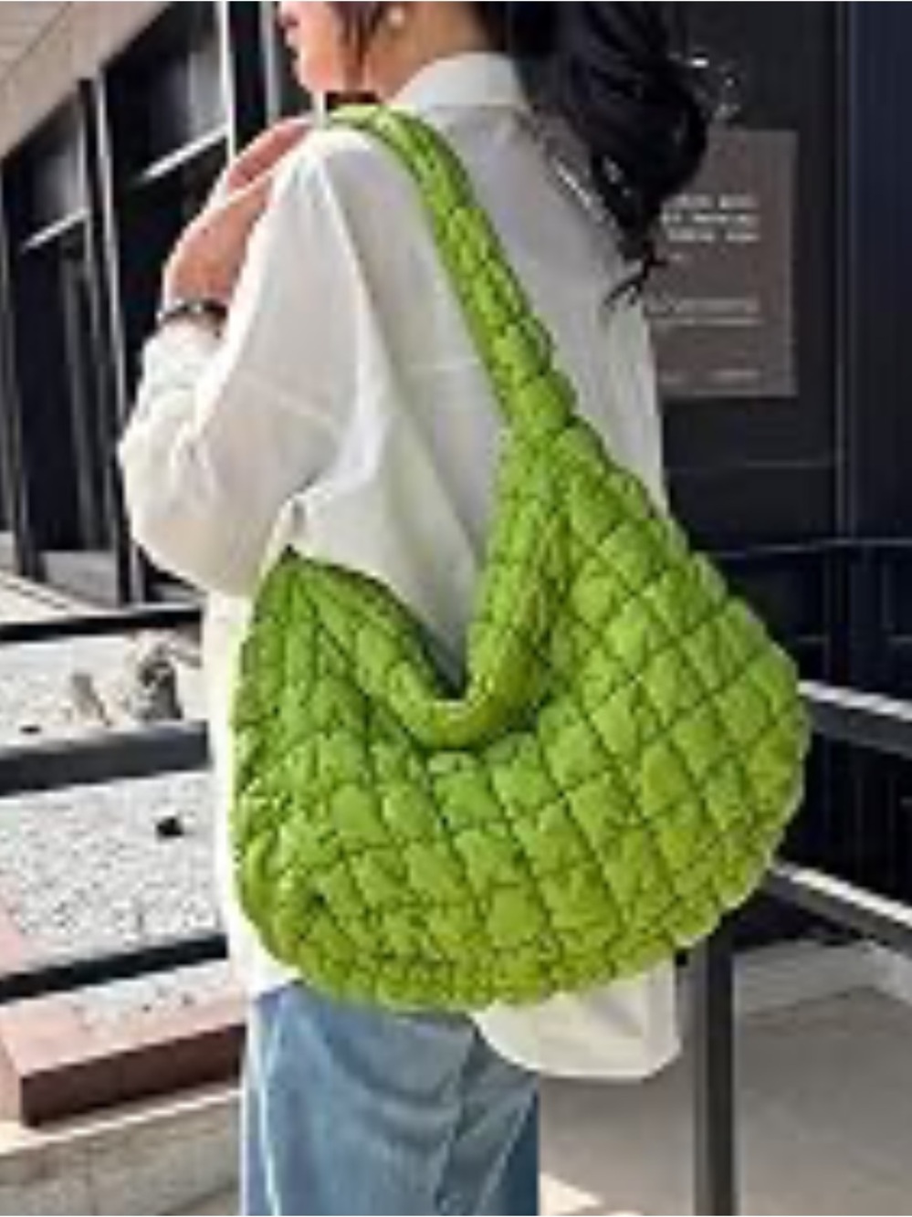 Quilted Puffer Tote Bag for Women in Lime Green